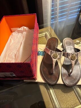 Tory Burch Brown Snake-Print Logo Thong Sandals